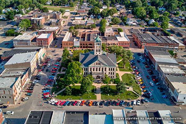 Aerial view of downtown of Taylorville, Illinois