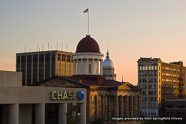 Old State Capital and State Capital buildings in downtown Springfield's skyline